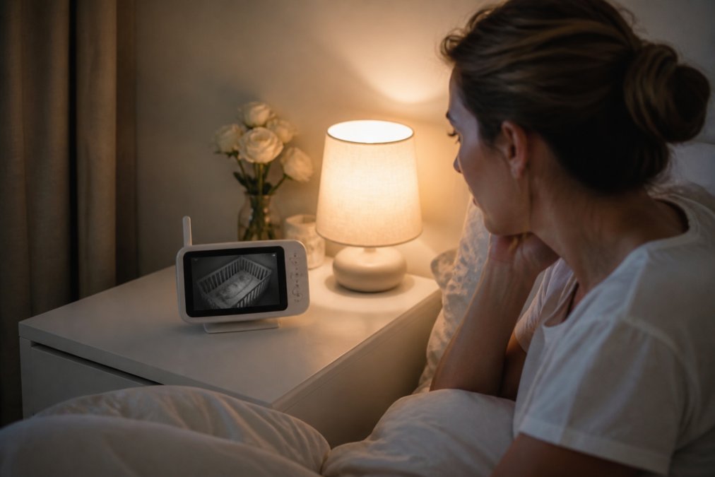 Infographic showing how a baby monitor review helps parents track nursery temperature and sleep to reduce anxiety.