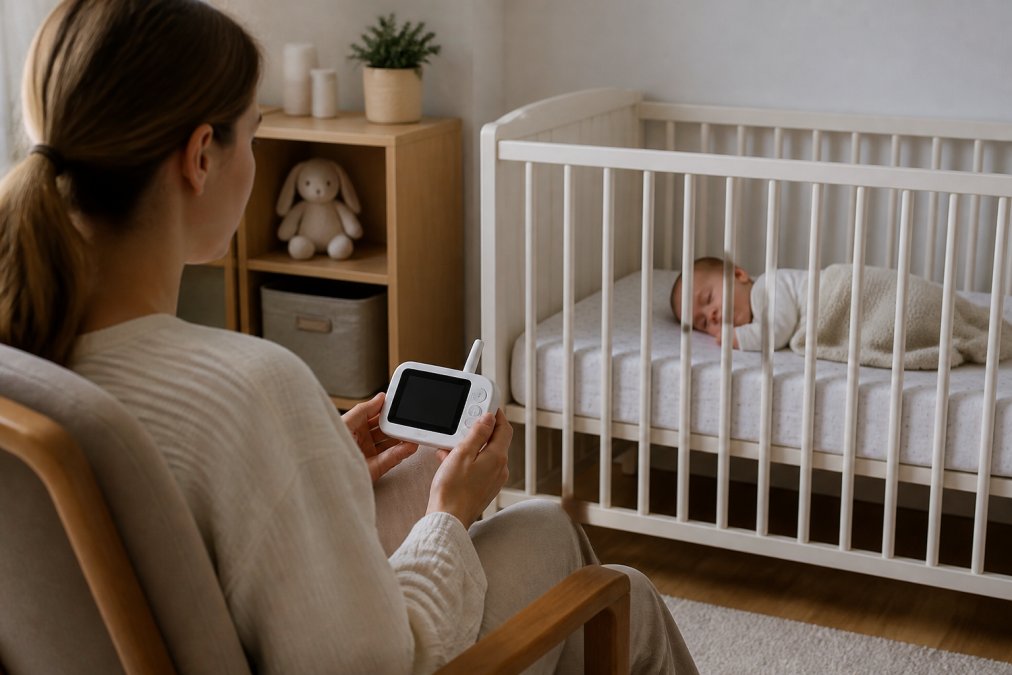A parent holding a baby monitor parent unit while looking at a sleeping baby in a modern, minimalist nursery with soft neutral tones