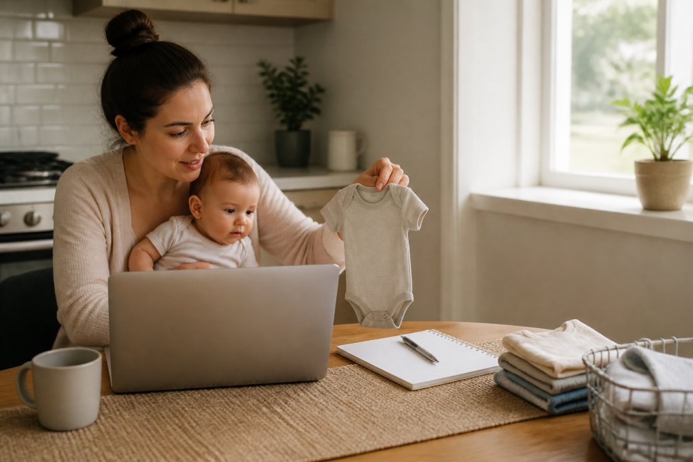 A parent sitting at a kitchen table with a laptop and a baby registry checklist, comparing return policies on screen while holding a baby onesie, warm morning light through the window
