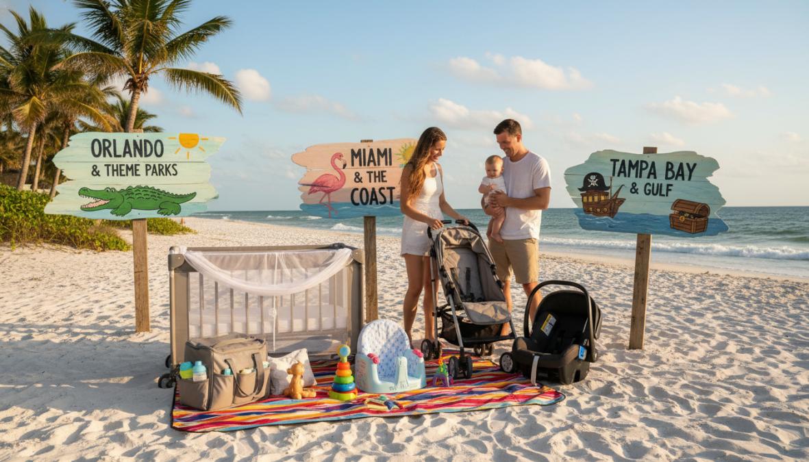 A friendly delivery person setting up a white portable crib inside a bright, airy Florida vacation rental living room, with beach-themed decor and large windows visible in the background
