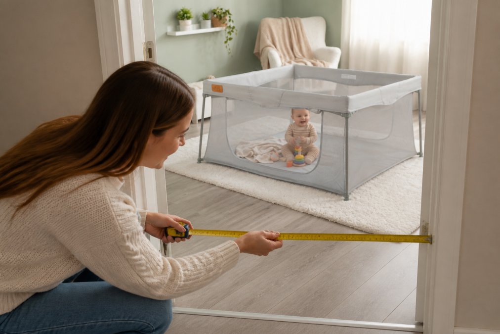 Parent using a tape measure to measure the width of a doorway opening, with a toddler playing safely in the background
