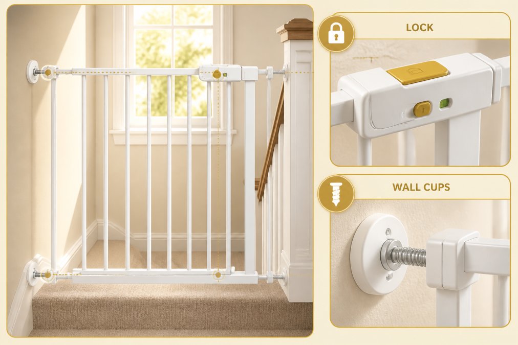 Close-up of a white hardware-mounted stair gate installed at the top of a carpeted staircase, showing the wall cups and locking mechanism in clear detail, bright natural daylight from a nearby window illuminating the fixings