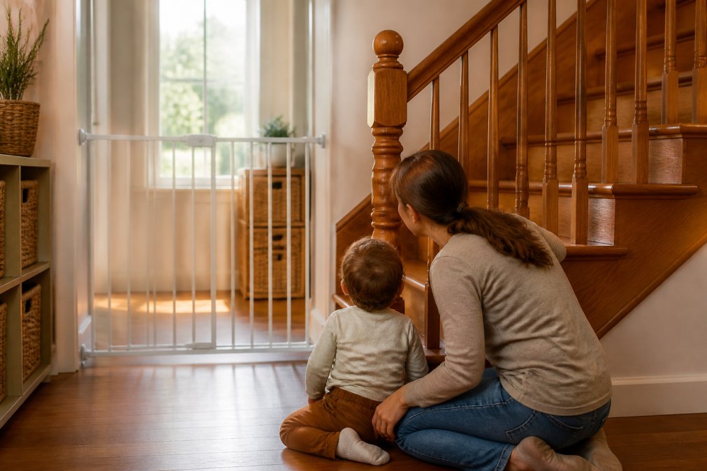 A parent kneeling beside a toddler at the bottom of a wooden staircase, both looking up the stairs together, a closed white safety gate visible in the background, warm afternoon light coming through a hallway window