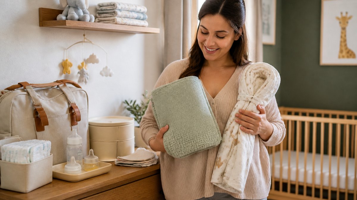 A new mother in a bright nursery holding a soft knitted baby blanket and a swaddle, with a diaper bag and feeding set arranged on a wooden dresser nearby