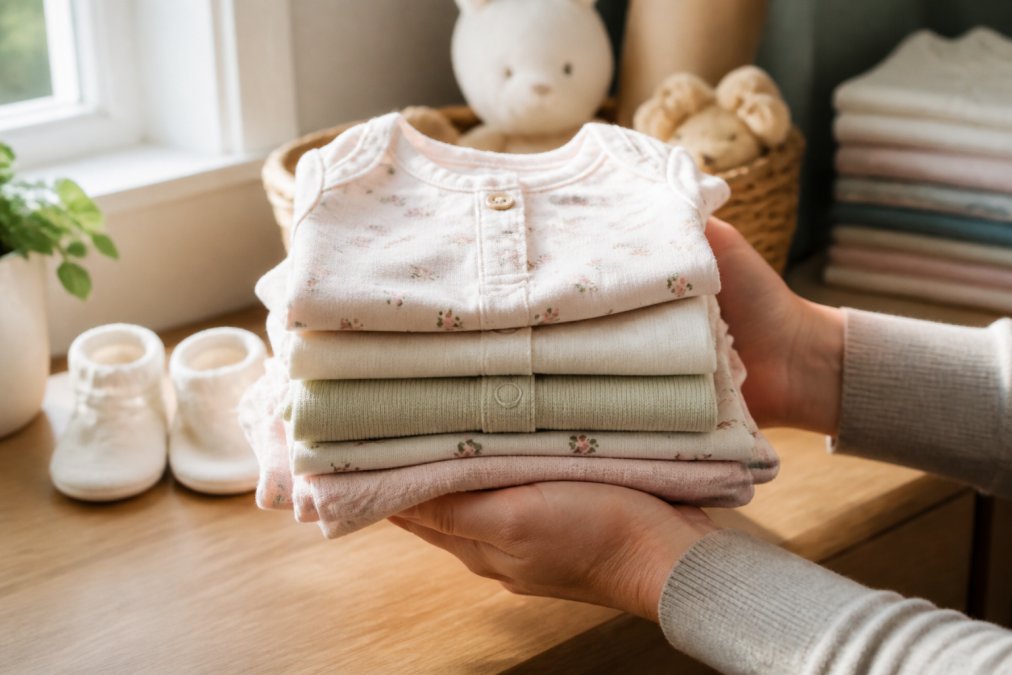 A close-up of a parent's hands holding a soft, folded stack of pastel-colored 100% cotton baby rompers and onesies on a wooden nursery table, warm natural light streaming through a nearby window