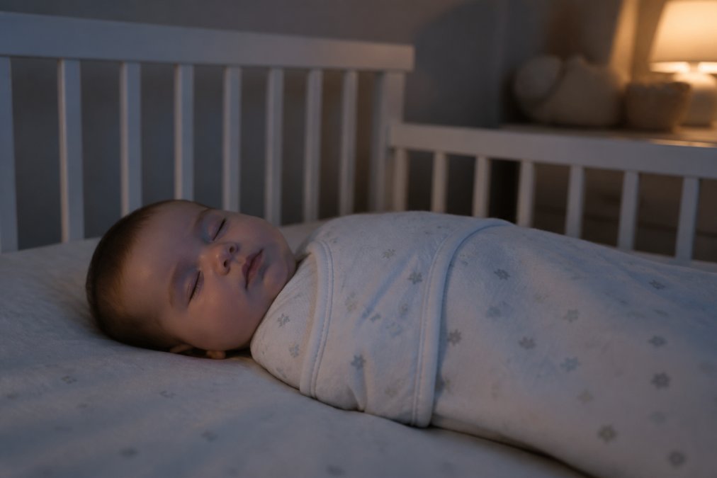 A peaceful newborn baby sleeping soundly in a lightweight, breathable sleep sack in a dimly lit nursery with a crib visible in the background