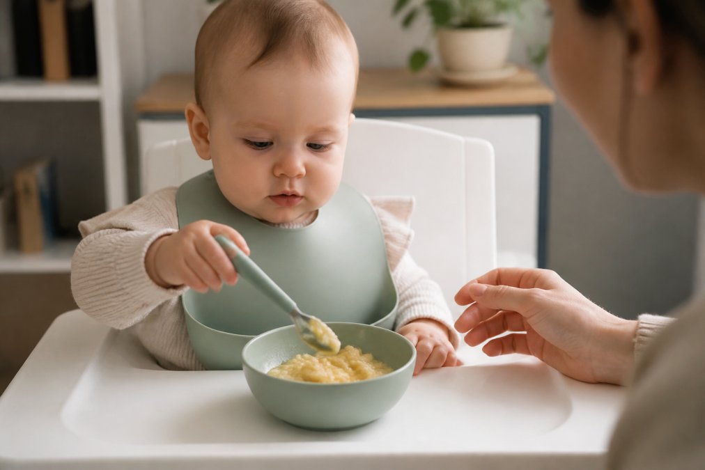 A baby sitting in a high chair, confidently grasping a soft silicone spoon while exploring a bowl of mashed food, with a parent's hand nearby offering gentle support