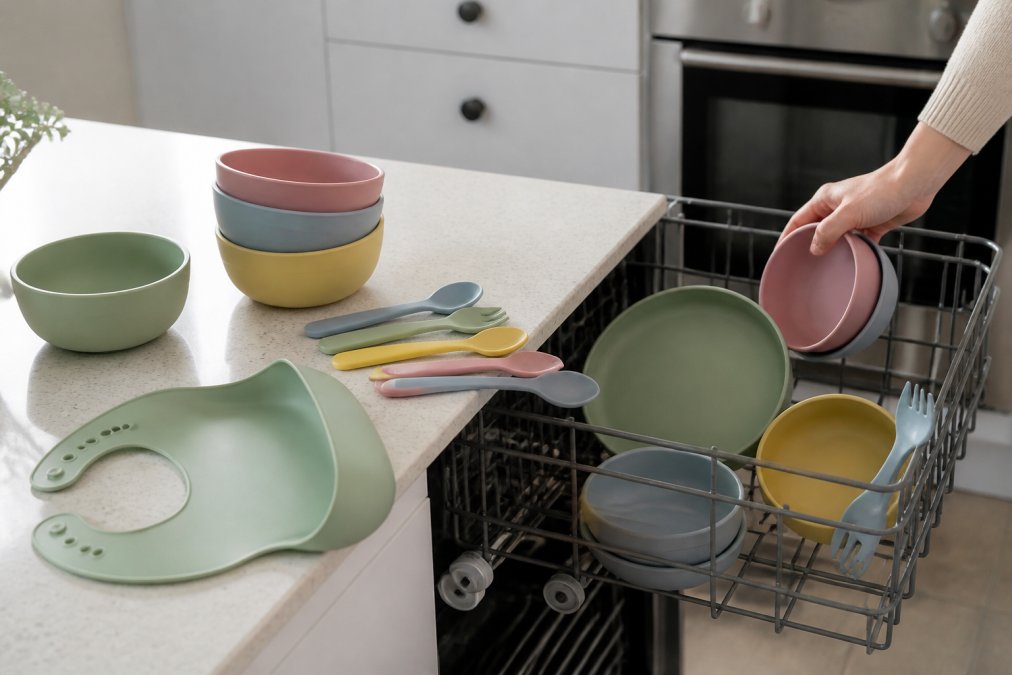 Colourful silicone feeding utensils and bowls arranged on a clean kitchen bench, ready to be loaded into a dishwasher, showing the practical ease of cleanup