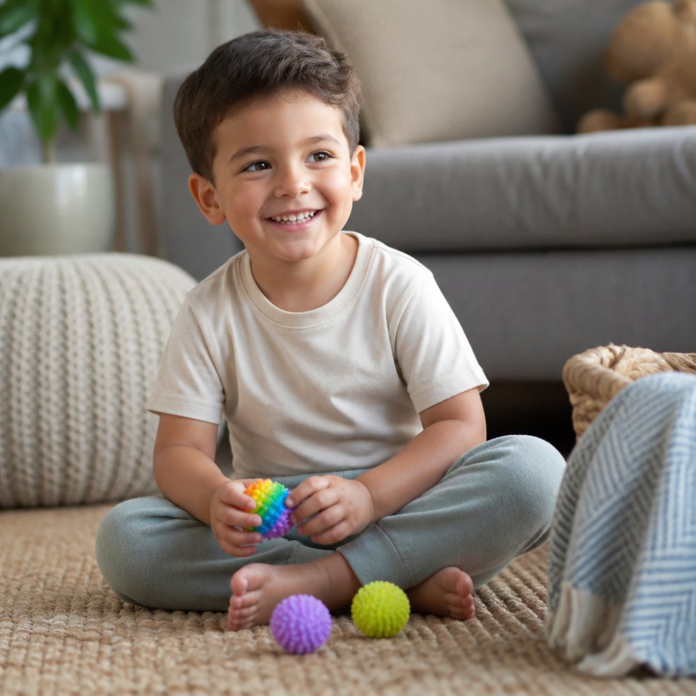 A happy child in a soft, tagless organic cotton shirt plays with a sensory toy, a great find among babytoddandco