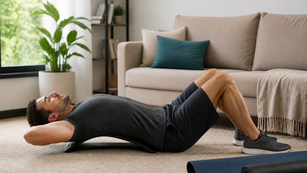 A person lying on a contoured back stretcher on a living room floor, knees bent, relaxed posture, natural light from a window, home setting with a yoga mat nearby