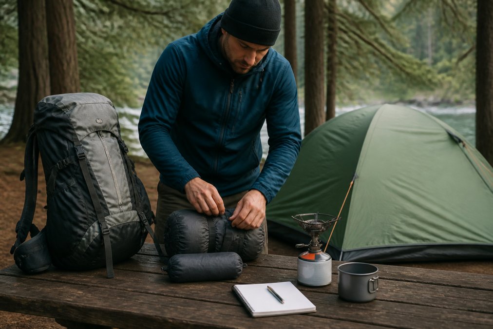A hiker organizing a lightweight backpack, tent, and stove on a wooden table outdoors, with a checklist nearby, in a natural setting
