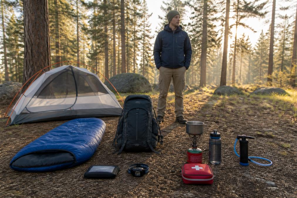 Beginner backpacker standing in a forest clearing with laid-out camping gear organized by category: tent, sleeping bag, backpack, cooking stove, water filter, headlamp, and first aid kit arranged on the ground in morning sunlight