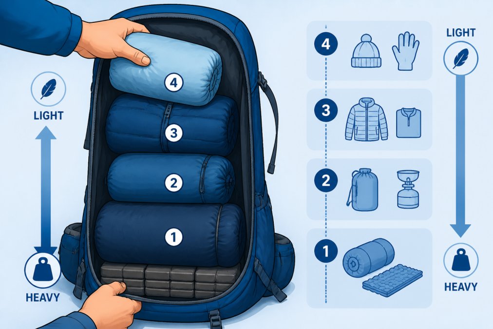 Close-up of hands packing items into an open backpack, showing proper layering with heavier gear at the bottom and lighter items on top, demonstrating correct packing technique in natural outdoor lighting