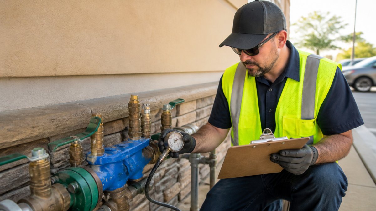 A certified backflow tester in a safety vest inspecting a backflow prevention assembly outside a commercial building, holding a clipboard and testing gauge in bright afternoon light