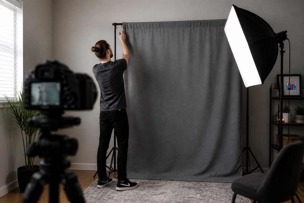 A content creator adjusting a fabric backdrop on an adjustable stand in a home studio, with softbox lighting and a camera on a tripod visible in the foreground
