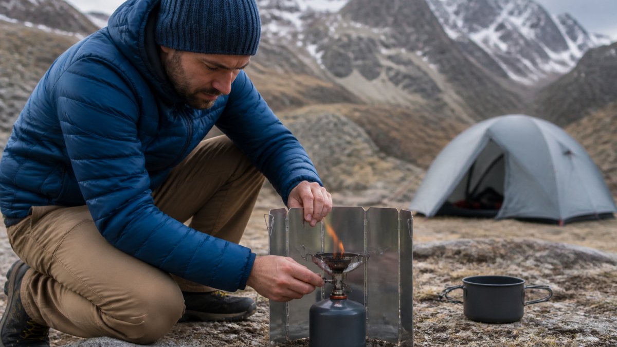 Backpacker setting up camp stove in mountain landscape with visible wind affecting flame, showing real-world camping scenario with tent and mountains in background