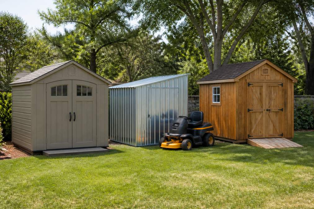 Residential backyard displaying three different storage structures side by side, a tan resin shed, a galvanized metal shed with sloped roof, and a traditional wooden shed, with a riding mower positioned near the metal structure