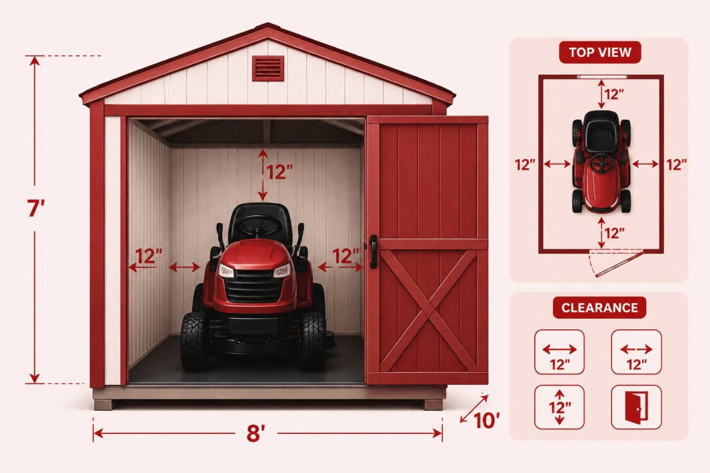 Riding lawn mower positioned inside a weather-resistant resin shed with the door partially closed, showing proper storage placement with the mower centered on the shed floor and adequate clearance on all sides