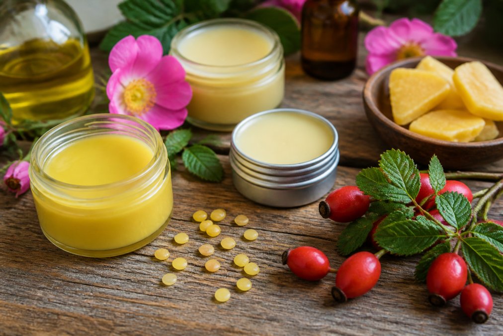 Close-up of natural skin care balm jars with botanical ingredients like rosehip, beeswax, and organic oils arranged on a wooden surface with fresh plants and natural morning light
