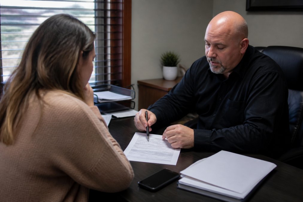 Person sitting at desk with paperwork and phone, reviewing payment plan details with a bail bondsman, natural office lighting showing documents and contract