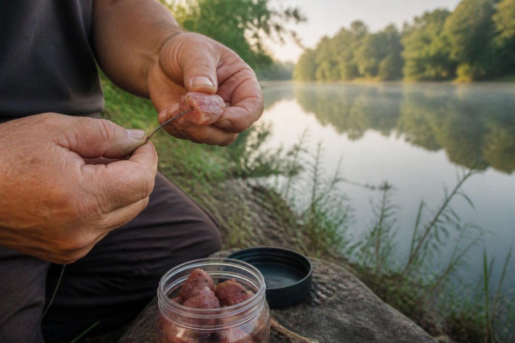 Close-up of a hand threading a chunk of preserved cut bait onto a fishing hook at the edge of a river, green vegetation and calm water visible in the background in soft morning light