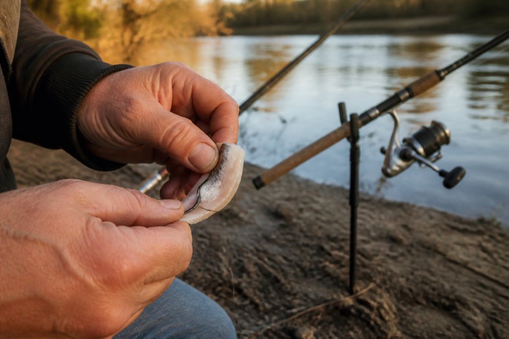 Close-up of an angler's hand pressing a piece of fresh cut shad onto a circle hook at a muddy riverbank, rod and reel resting in a rod holder behind them, late afternoon golden light