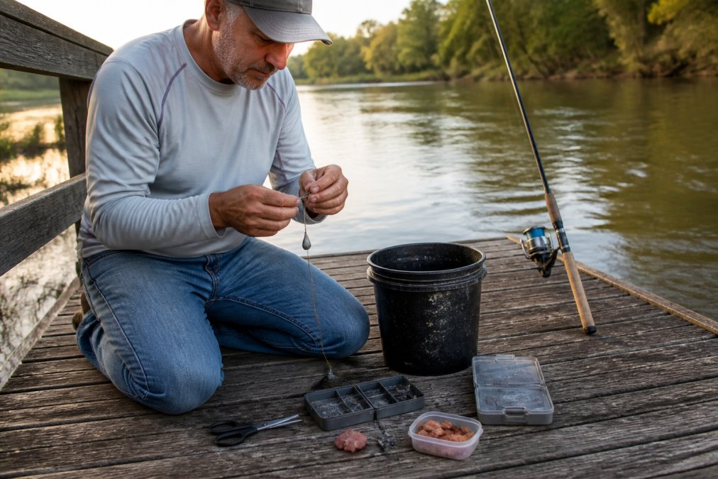 An angler setting up a slip sinker catfish rig on a weathered wooden dock over a slow-moving river, terminal tackle and a bait bucket spread out nearby, a rod and reel leaning against the dock rail in soft morning light