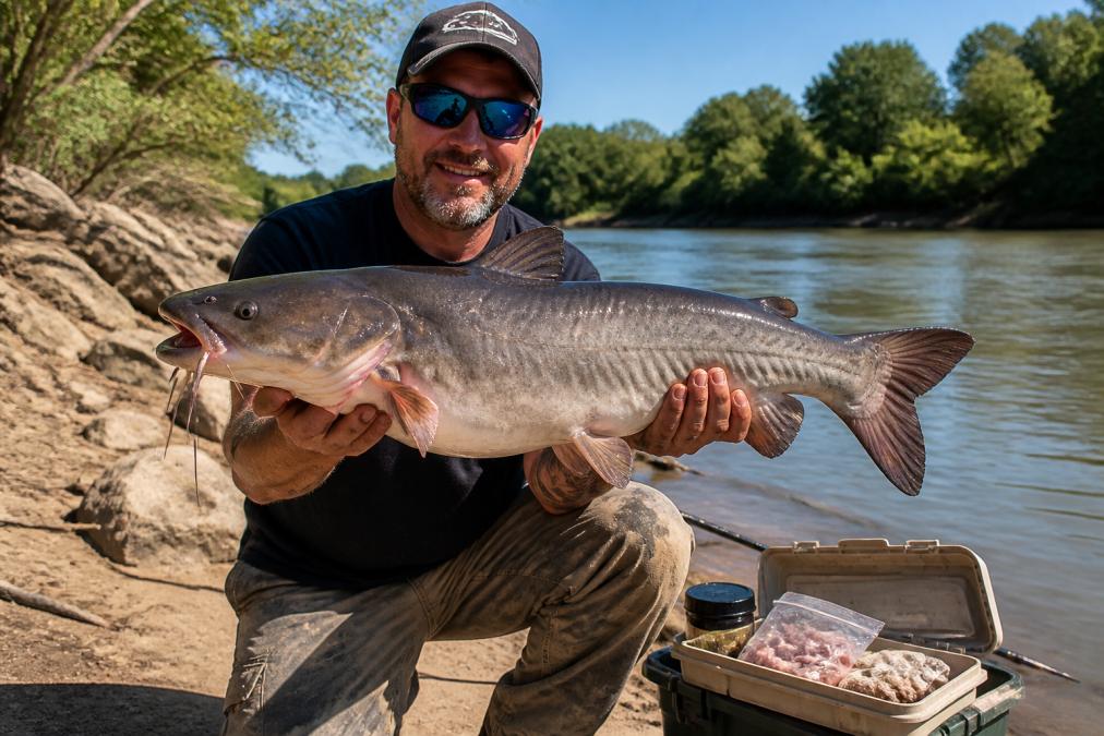 Angler holding a freshly caught catfish over a river bank, with a tackle box and cut bait visible nearby on a sunny day