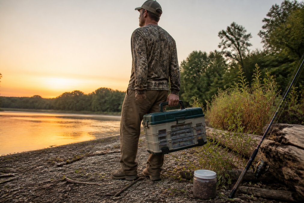 Angler standing at the water's edge at dawn with a fully packed tackle box and shelf-stable bait ready for an impromptu fishing trip, showing confident preparation and readiness