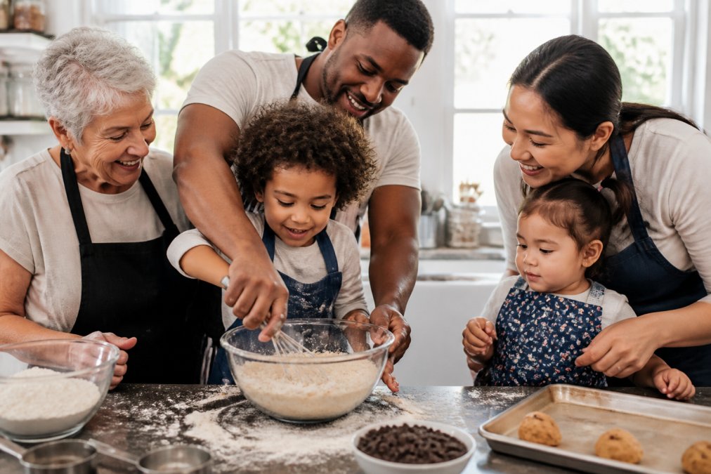 A diverse multi-generational family (white grandmother, Black father, Asian mother, and toddlers of mixed ethnicity) baking cookies together in a bright, sunlit kitchen, with a young child mixing ingredients in a large bowl while an adult guides their hands, flour dusting the counter