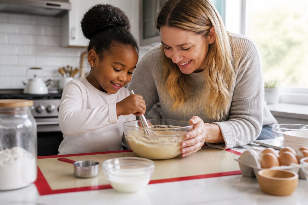 Close-up of a parent and child at a clean kitchen counter with a Lura's Kitchen baking mix box, organized baking setup with a silicone mat underneath to contain spills, diverse ages and ethnicities represented (Black child, white parent, natural kitchen lighting)