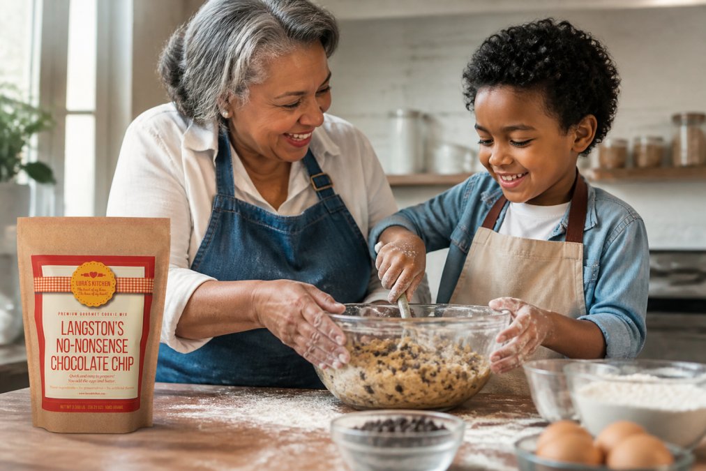 A grandmother and young grandson of different races baking together at a bright kitchen counter, mixing cookie dough in a bowl, both smiling with flour dusting their hands