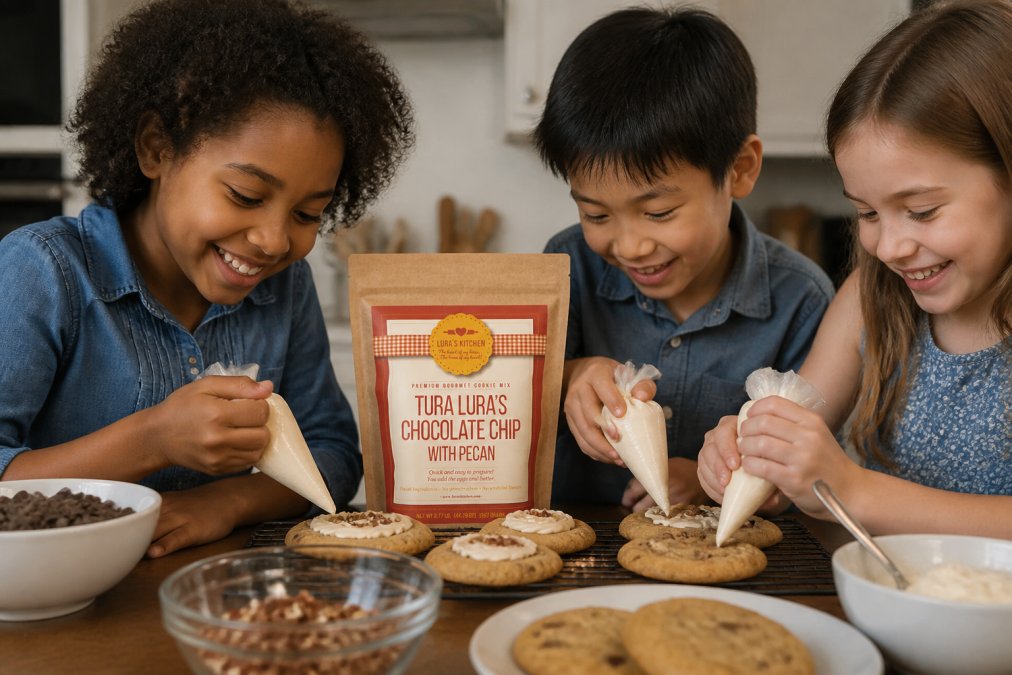 Three children of different ethnicities, one Black child, one Asian child, one white child, laughing together while decorating warm cookies with frosting at a kitchen table, with baking supplies visible