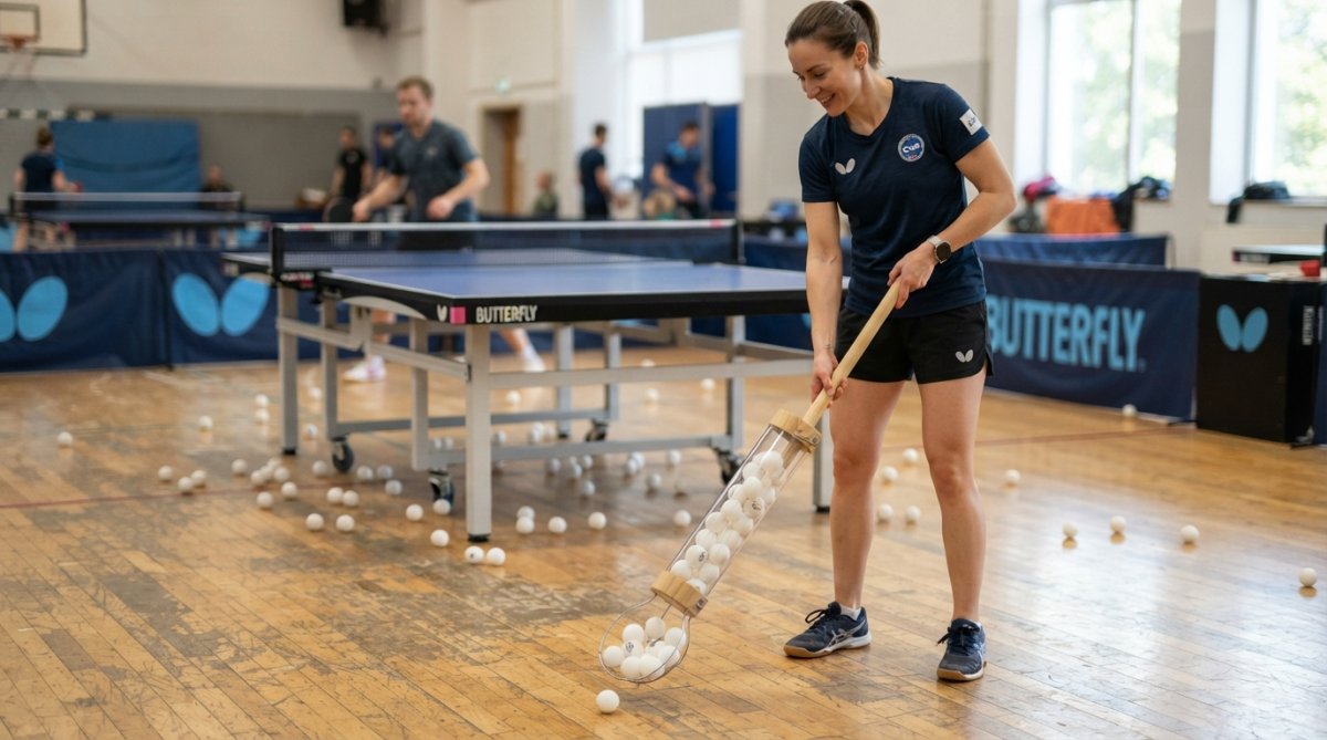 A table tennis player standing upright and using a hand-held scoop-style ball collector to gather balls from the floor without bending over, with a practice table and scattered balls in the background, bright indoor lighting