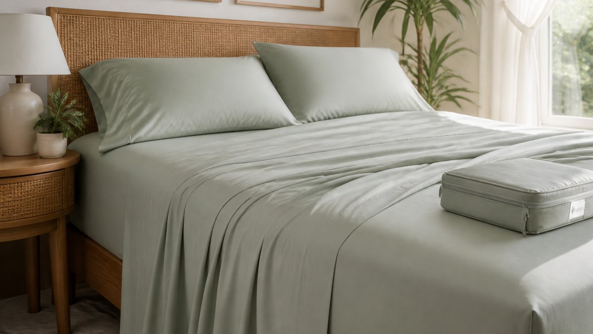 A neatly made bed with silky bamboo sheets in a bright bedroom, soft morning light through the window, showing smooth draped fabric and a storage bag resting on the corner of the mattress