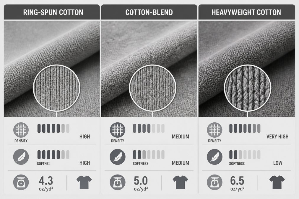 Close-up of different band t-shirt fabric textures displayed side-by-side, showing ring-spun cotton, cotton-blend, and heavyweight cotton weaves with visible fiber density differences under natural light