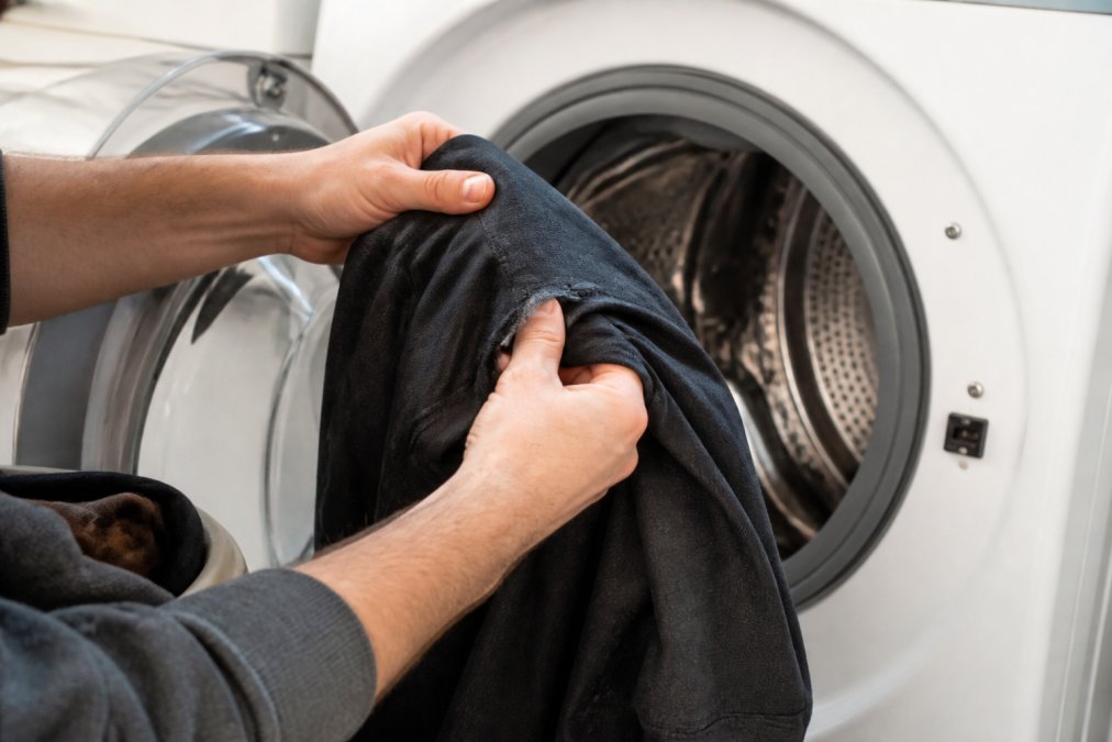 Hands gently turning a vintage-style band t-shirt inside-out before placing it in a washing machine, showing proper care technique with cool water setting