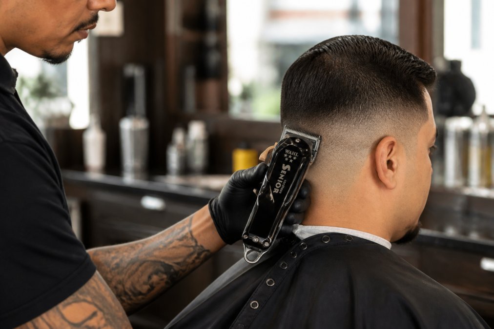 Professional barber using cordless clippers on a client in a well-lit barbershop chair, demonstrating precision fade technique with focused concentration