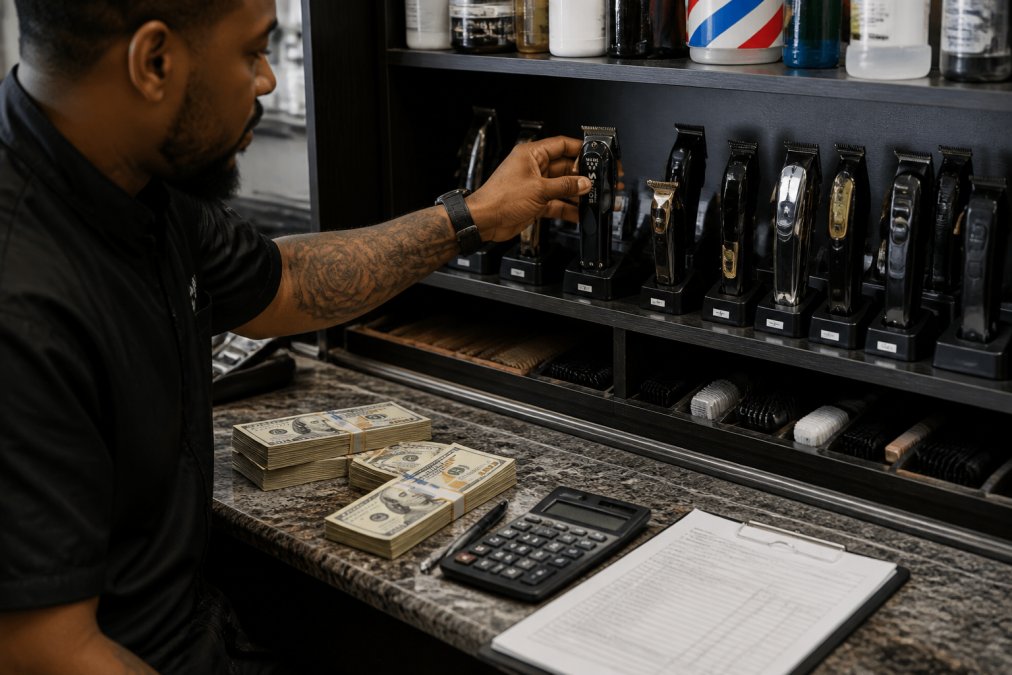 Barber shop owner organizing multiple clippers and trimmers on a professional station shelf with organized storage and labeled compartments