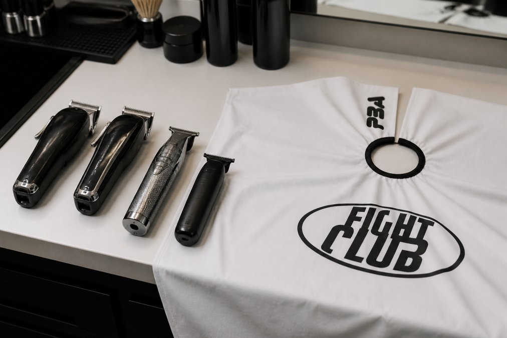 Professional barber clippers and trimmers arranged on a clean station counter showing high-carbon steel blades, ergonomic handles, and adjustable taper lever mechanisms in natural studio lighting