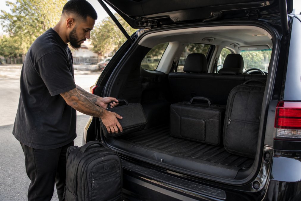 Mobile barber packing organized clipper cases and storage backpacks into a vehicle, ready for on-site service appointments