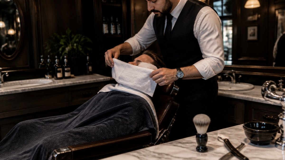 A barber in a refined, dimly lit grooming lounge placing a steaming white towel over a reclining client's face, with a vintage straight razor and shaving brush resting on a marble counter nearby