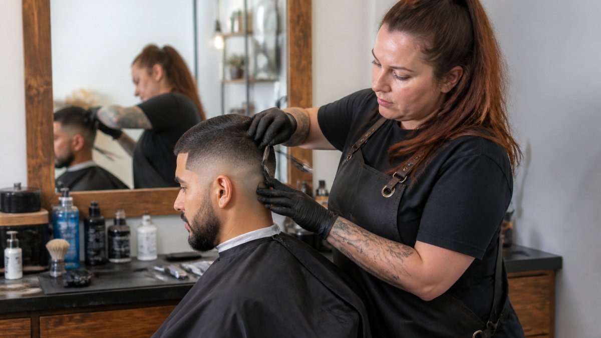 Barber finishing a precise razor fade for a client at one of the best barbers in Thornton in Colorado.