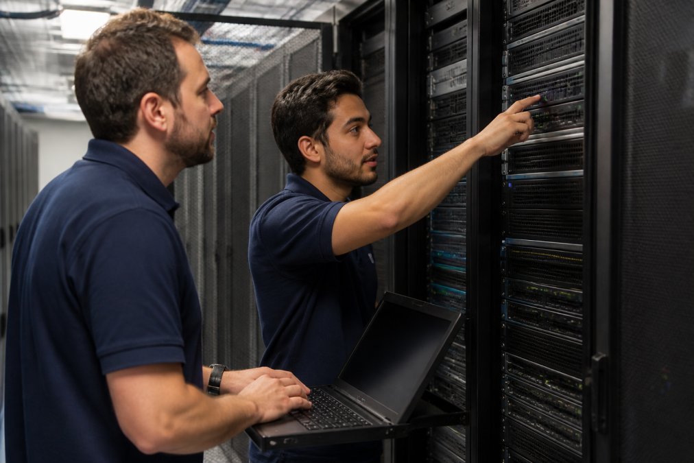 Technicians monitoring uptime dashboards and bare metal servers in a modern, cool-lit network operations center