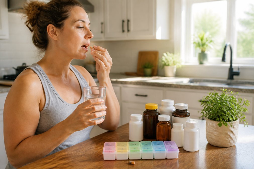 Person taking supplements with water at a bright kitchen table, surrounded by vitamin bottles and a weekly supplement organizer showing daily routine, natural morning sunlight streaming through window