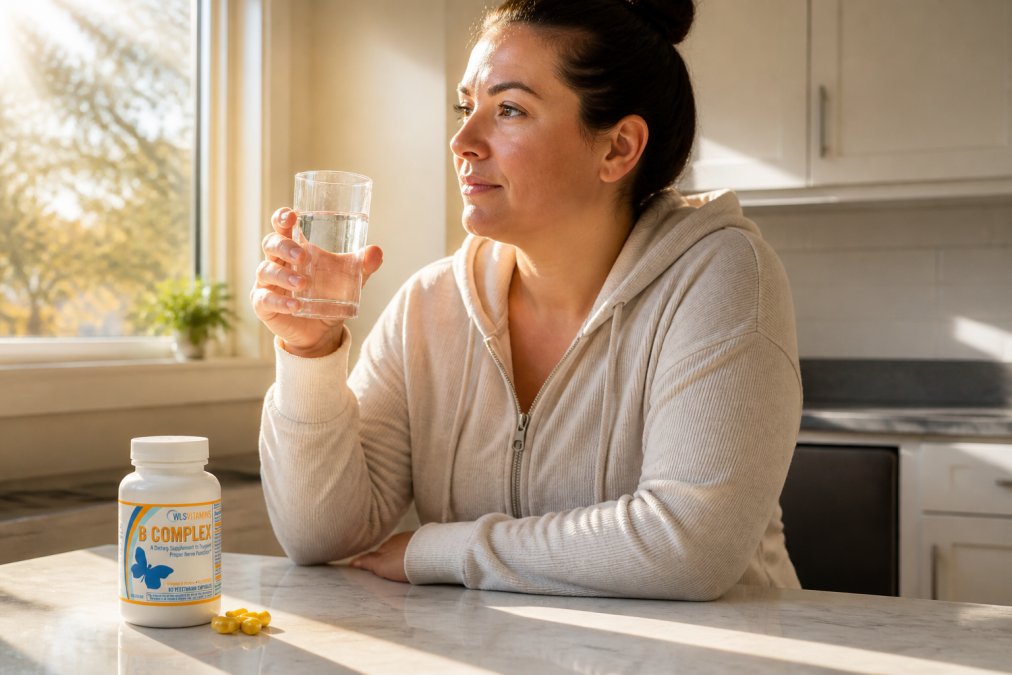 Person holding a glass of water with a vitamin bottle nearby on a kitchen counter, morning sunlight streaming through the window, morning supplement routine visible
