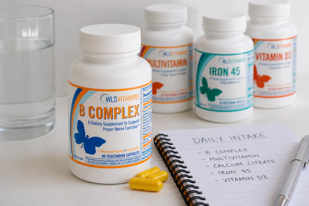 Close-up of bariatric supplement bottles and chewable tablets arranged on a white surface with a notepad showing daily intake notes, clinical lighting