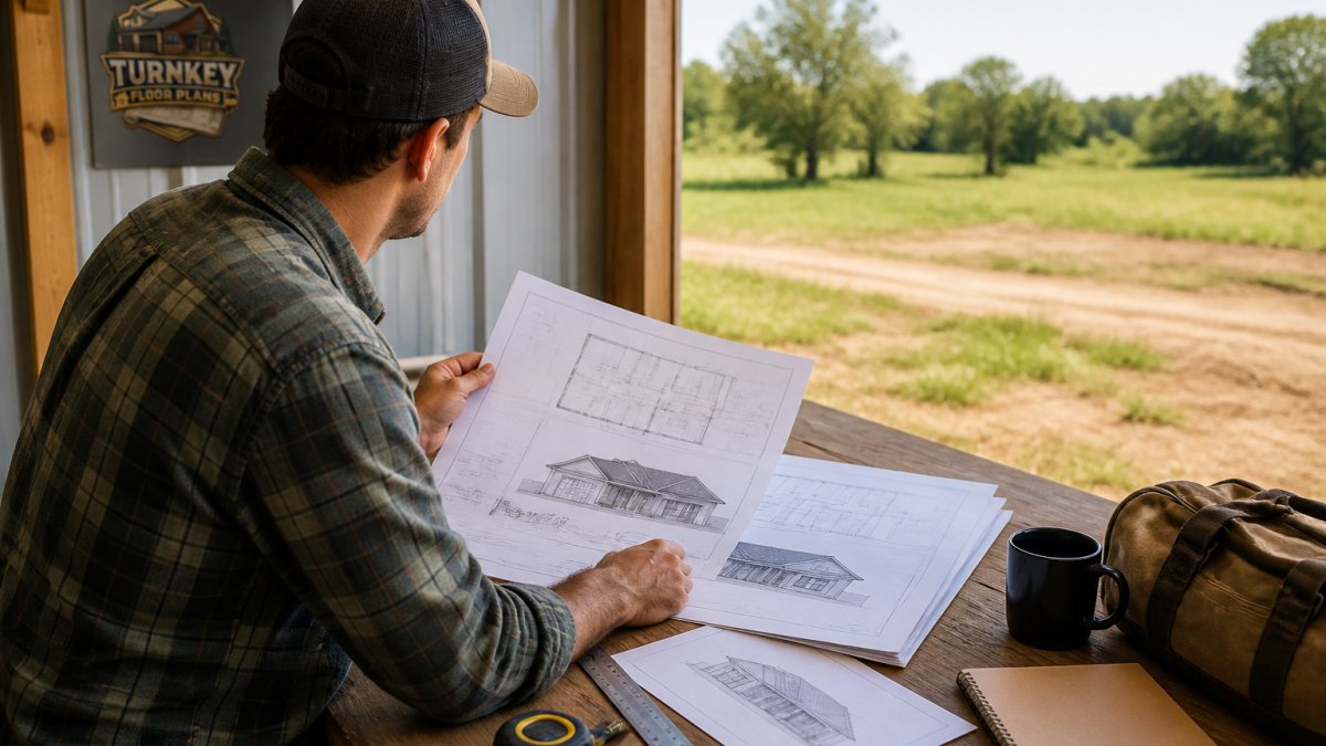 First-time homebuilder standing in rural property reviewing printed barndominium floor plans and design sketches, studying the open land where their future home will be constructed, natural daylight