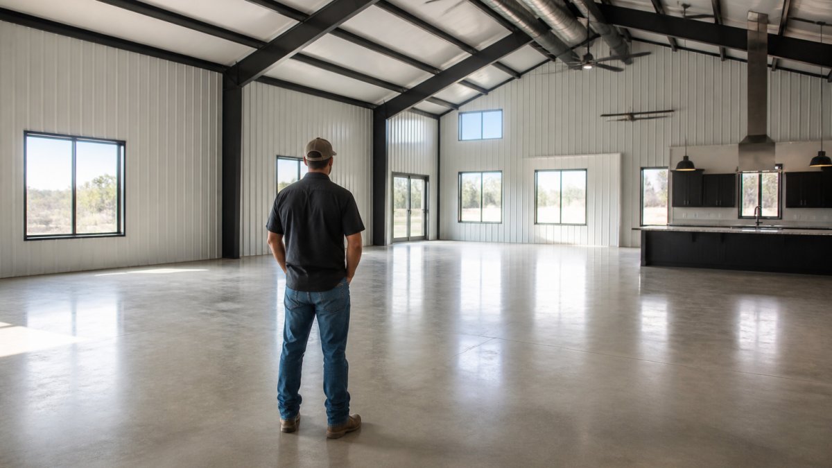 Homeowner standing inside a spacious metal building interior with open floor plan, natural light streaming through large windows, showing the scale and layout possibilities of a barndominium shell