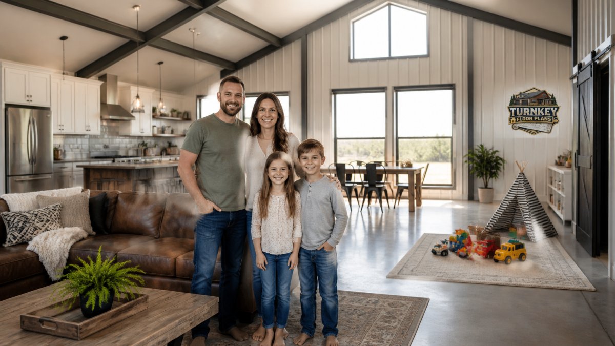 Family of four standing in bright open-concept barndominium living area with soaring ceilings, natural light streaming through large windows, and modern furnishings arranged for both gathering and play